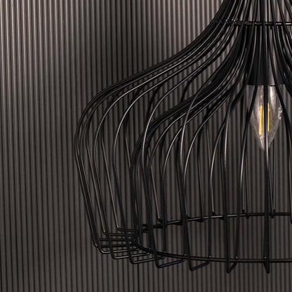 Detailed closeup of the black wire pendant lamp showing the intricate curved metal strands and visible bulb for an artistic modern look.