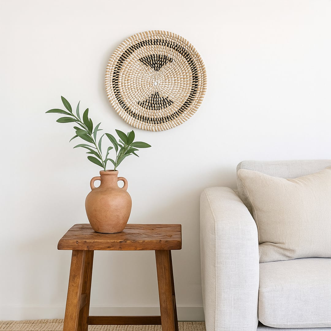 Decorative woven wall basket styled above a wooden side table beside a sofa creating a calm earthy accent for cozy interiors.