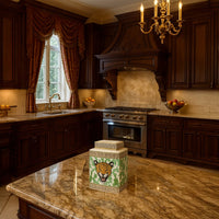White ceramic jar with leopard design adding an artistic and luxurious accent to a classic marble kitchen counter.