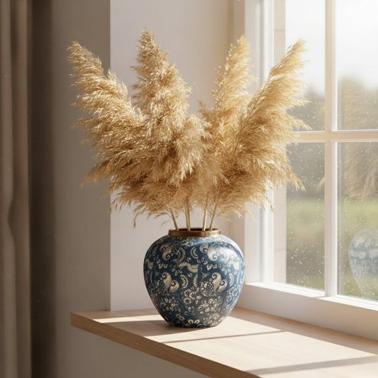 Blue patterned ceramic decor vase styled on wooden shelf near sunlit window with dried pampas grass creating a calm modern home decor setting.