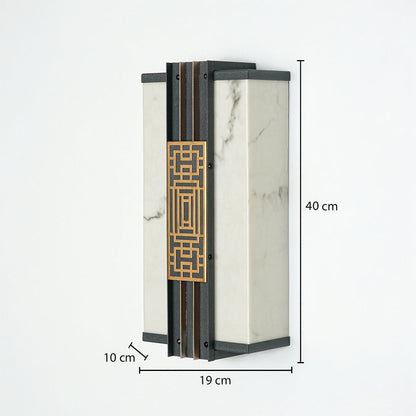 Modern wall light with marble finish panels and gold geometric detail on neutral background 40 cm height 19 cm width 10 cm depth perfect for exterior lighting decor.