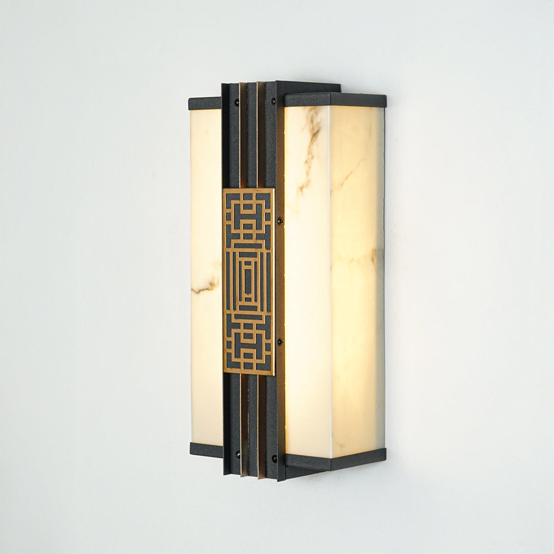 Contemporary outdoor wall light with rectangular metal frame and glowing frosted glass panel on neutral background ideal for exterior decor lighting.