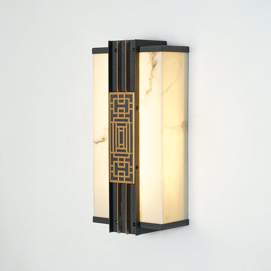 Contemporary outdoor wall light with rectangular metal frame and glowing frosted glass panel on neutral background ideal for exterior decor lighting.