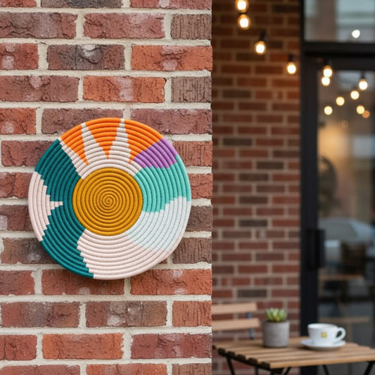 Colorful circular wall decor with geometric design mounted on brick wall enhancing cafe style ambiance with bold artistic character.