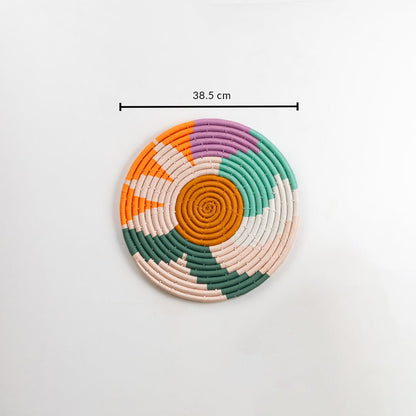 Cotton woven wall plate in multicolor pattern displayed on a white background with 38.5 cm measurement for precise decorative wall styling and sizing.