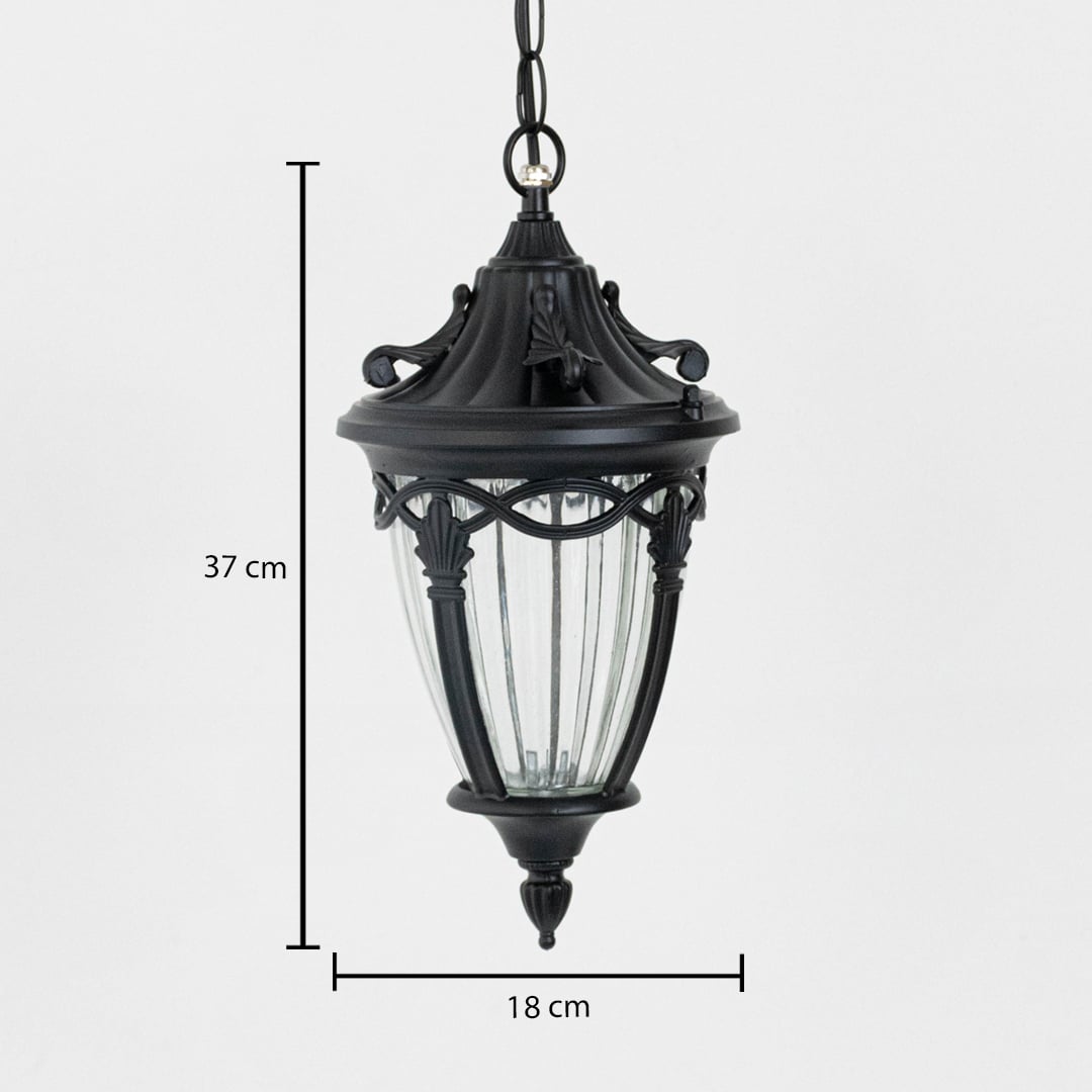 Technical diagram of round outdoor pendant light showing height 36 cm and width 21 cm with chain length reference.