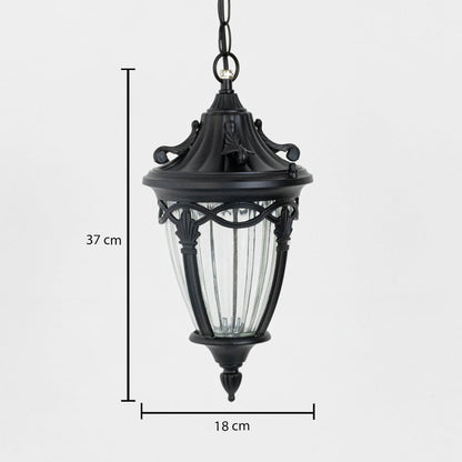 Technical diagram of round outdoor pendant light showing height 36 cm and width 21 cm with chain length reference.
