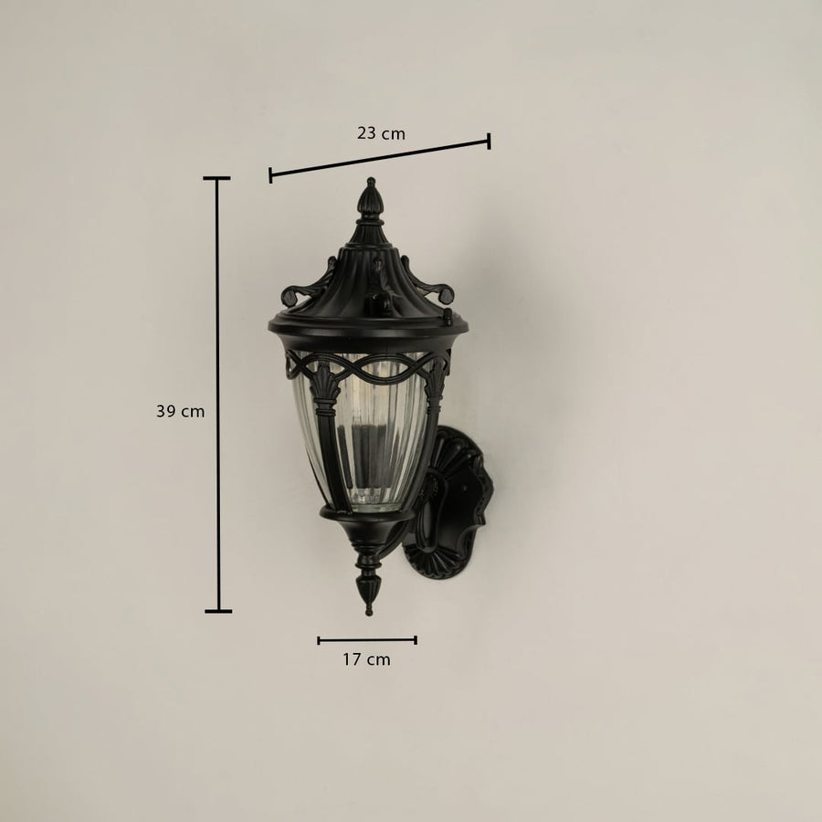 Black outdoor lantern shown with dimensions 39 cm height 23 cm width and 17 cm depth clearly displayed for accurate planning and placement of exterior lighting.