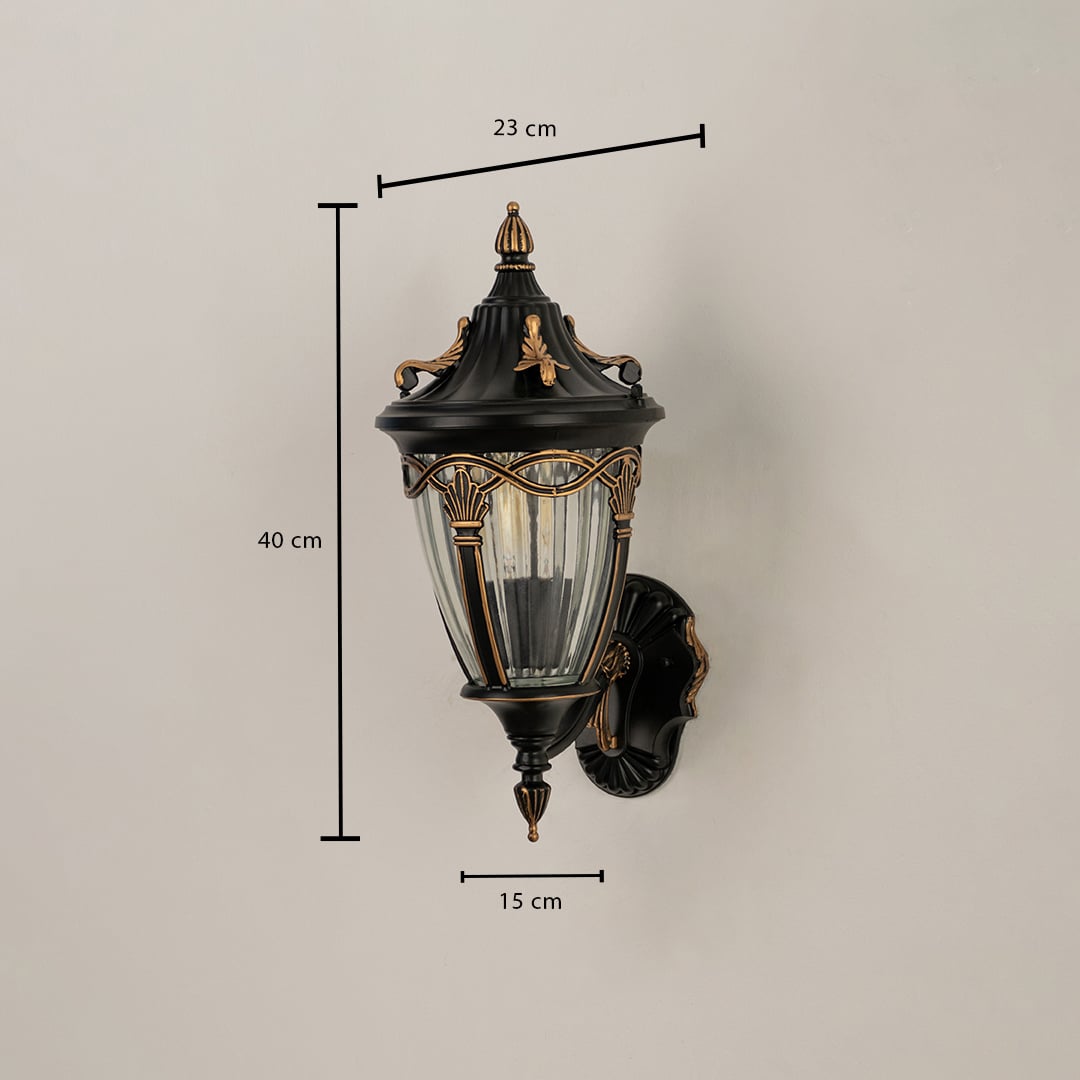Bronze outdoor lantern shown with dimensions 40 cm height 23 cm width and 15 cm depth clearly displayed for accurate placement in exterior lighting setups.