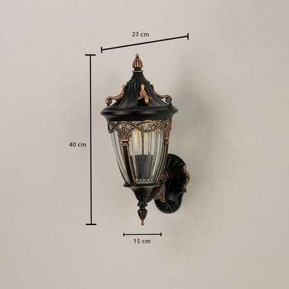 Bronze outdoor lantern shown with dimensions 40 cm height 23 cm width and 15 cm depth clearly displayed for accurate placement in exterior lighting setups.