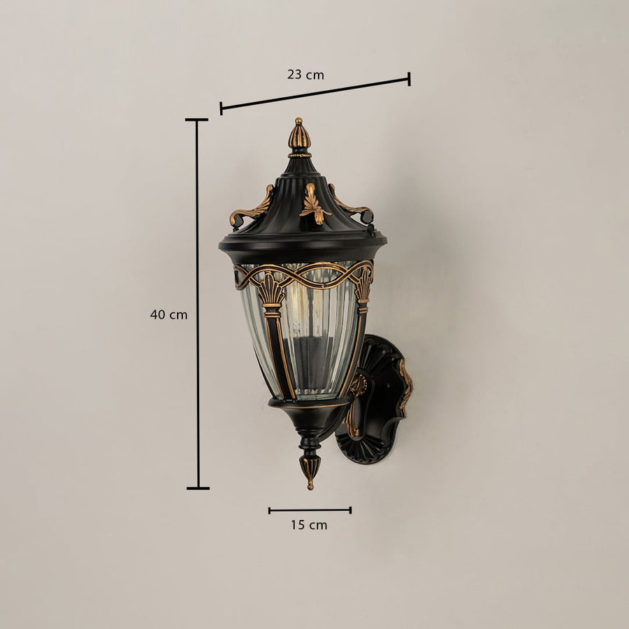 Bronze outdoor lantern shown with dimensions 40 cm height 23 cm width and 15 cm depth clearly displayed for accurate placement in exterior lighting setups.