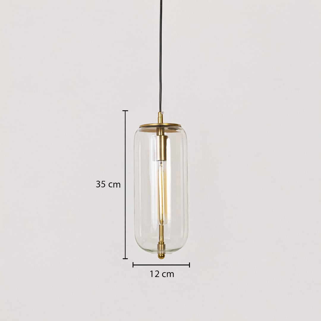 Pendant light with cylindrical glass shade and gold finish shown with size dimensions 35 cm height and 12 cm width.