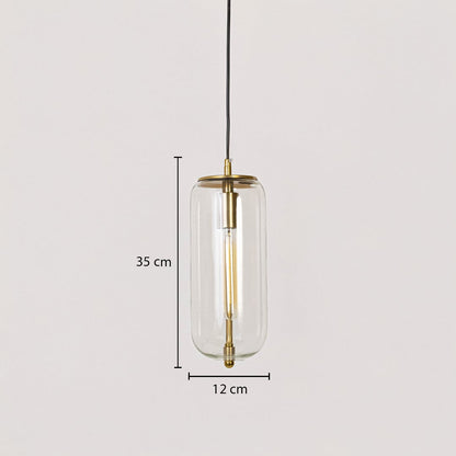 Pendant light with cylindrical glass shade and gold finish shown with size dimensions 35 cm height and 12 cm width.