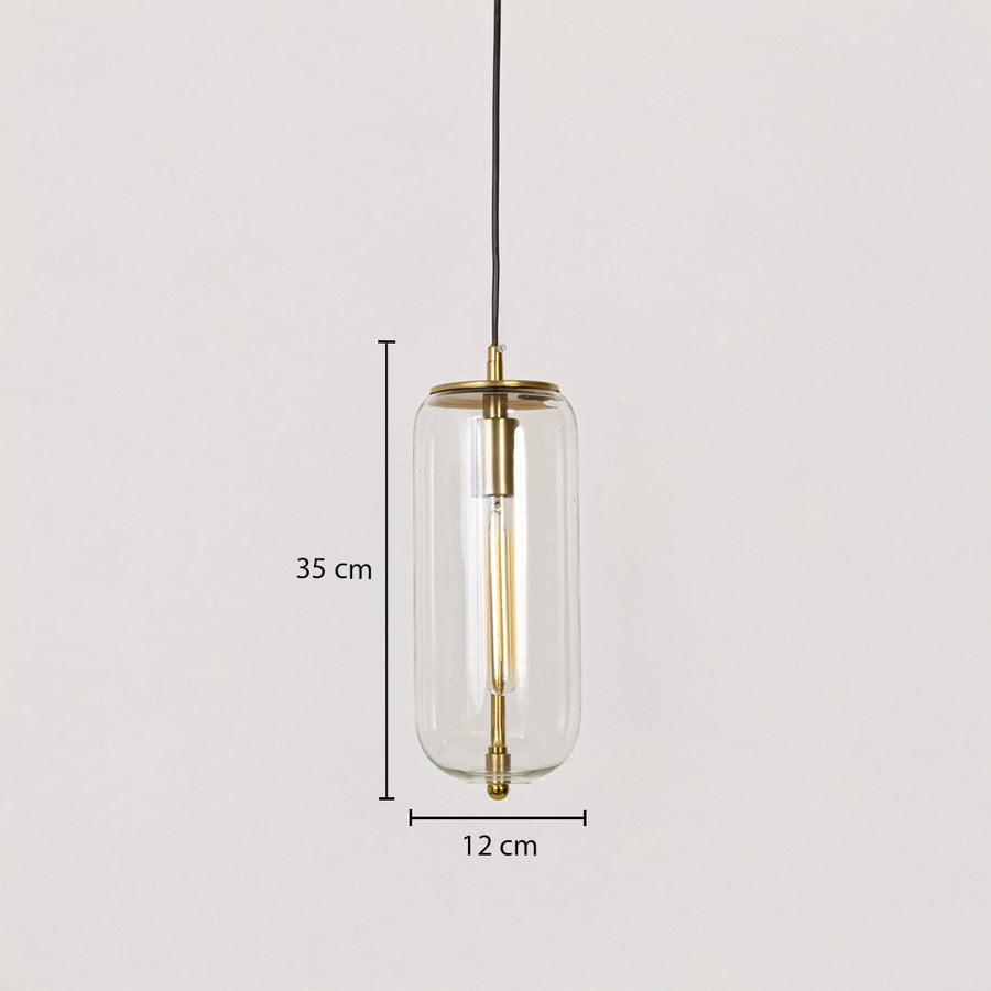 Pendant light with cylindrical glass shade and gold finish shown with size dimensions 35 cm height and 12 cm width.