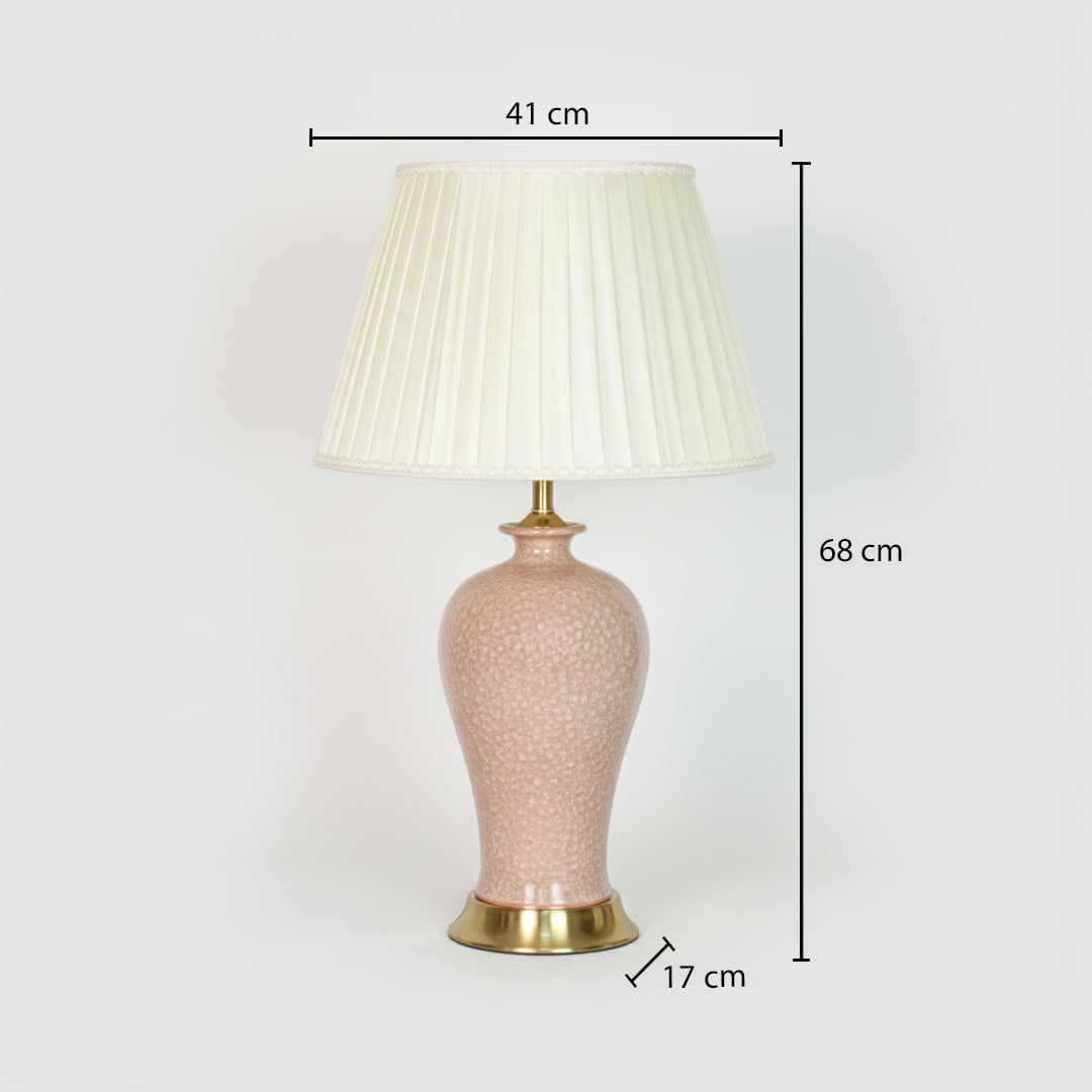 Pink ceramic table lamp showing 68 cm height 41 cm shade width and 17 cm base size ideal for bedroom placement.
