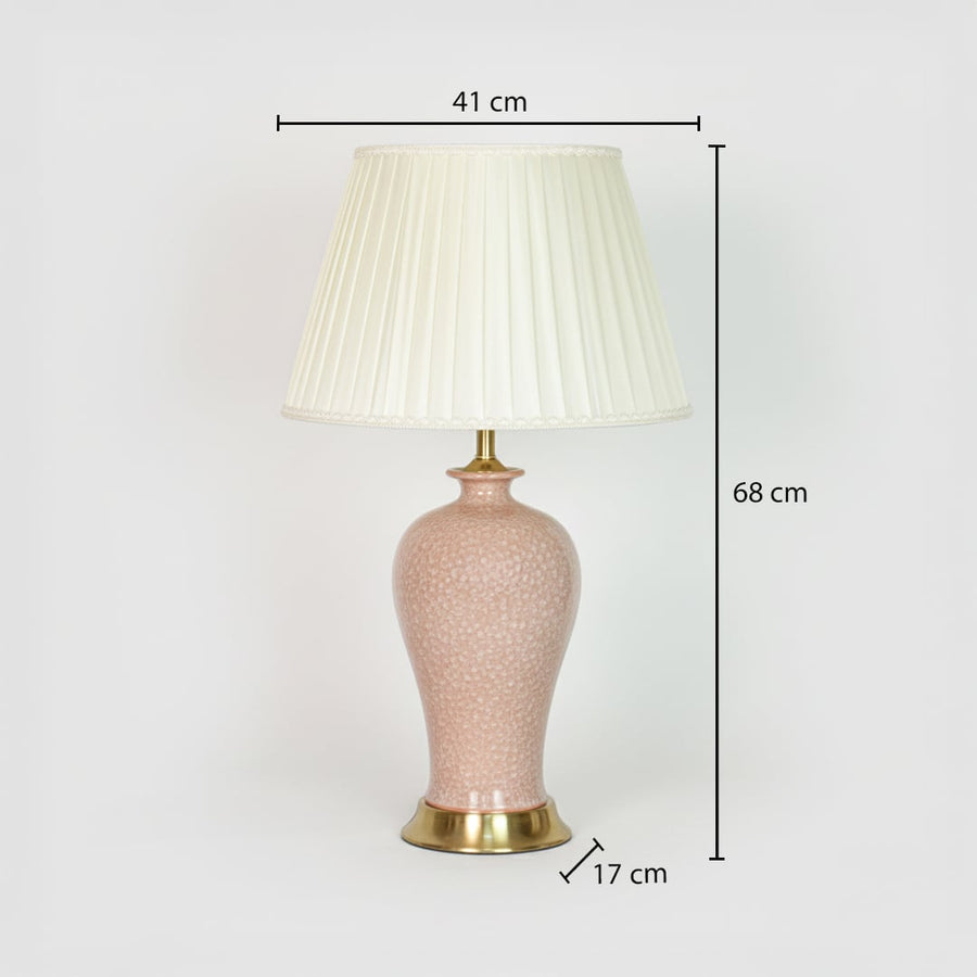 Pink ceramic table lamp showing 68 cm height 41 cm shade width and 17 cm base size ideal for bedroom placement.