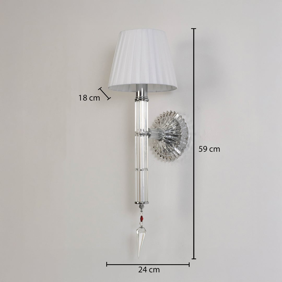 Wall light with chrome base fabric shade and crystal detailing size 24cm height 59cm width 18cm depth displayed with measurements.