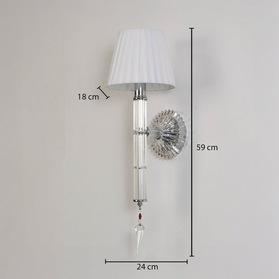 Wall light with chrome base fabric shade and crystal detailing size 24cm height 59cm width 18cm depth displayed with measurements.
