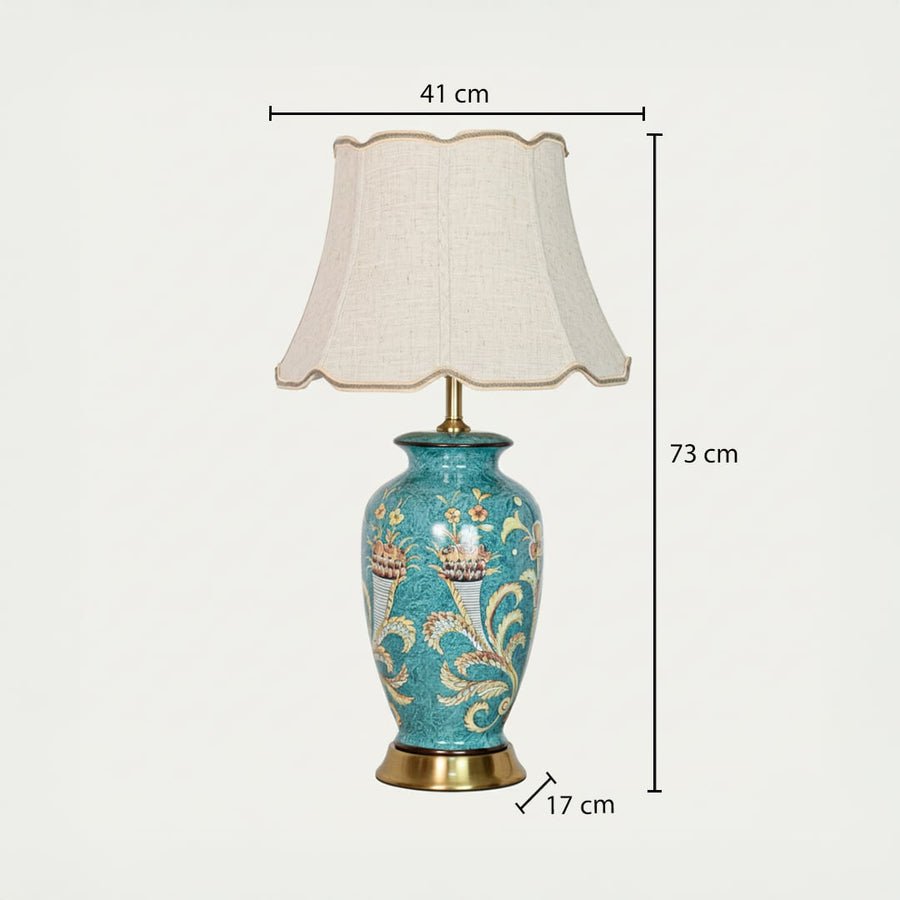 Teal ceramic table lamp showing 73 cm height 41 cm shade width and 17 cm base size ideal for bedside placement.