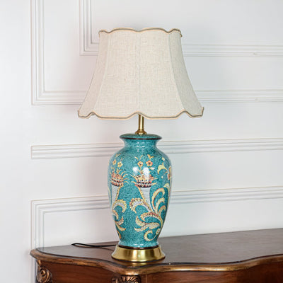 Classic European Style Porcelain Pattern Green Ceramic Table Lamp with Beige Lamp Shade