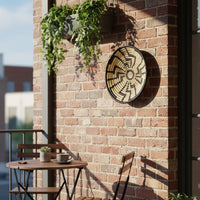 Woven wall basket displayed on brick wall balcony with plants and seating adding earthy texture to outdoor Decor styling.