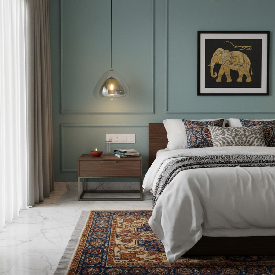 Elegant glass pendant light glowing warmly beside a modern bed with soft bedding and patterned pillows enhancing the cozy bedroom atmosphere beautifully.