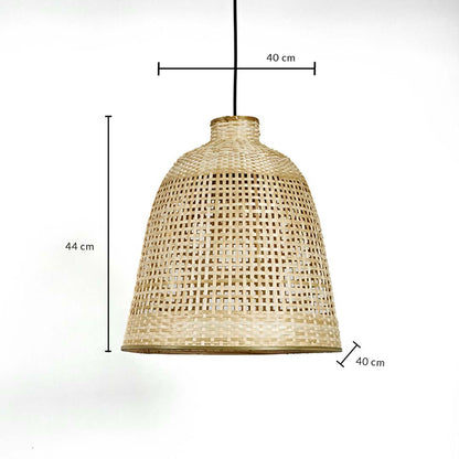Handwoven rattan pendant light displaying 40 cm width 40 cm height and 28 cm depth ideal for warm natural interior lighting use.