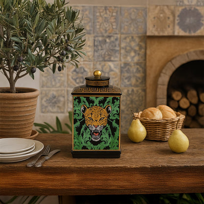 Black ceramic jar with golden leopard design adding bold luxury to a rustic dining table decor.