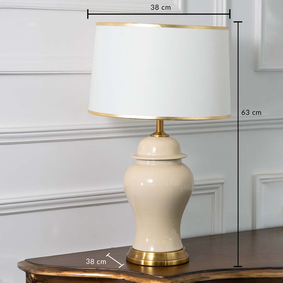 Classic table lamp with ceramic base and fabric shade showing 40 cm height and 28 cm shade width for accurate interior placement.