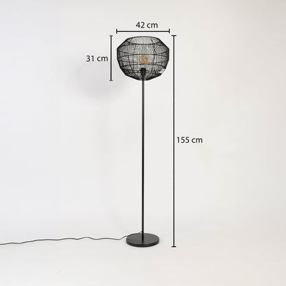Black rattan floor lamp 155 cm height with 42 cm shade diameter and 31 cm depth shown with dimensions.