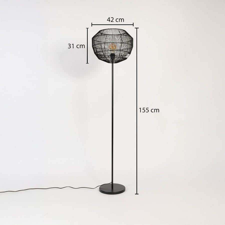 Black rattan floor lamp 155 cm height with 42 cm shade diameter and 31 cm depth shown with dimensions.