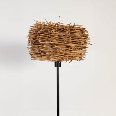 Clove Linear Black Floor Lamp with Bird Nest Rattan Shade