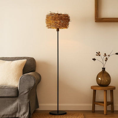 Clove Linear Black Floor Lamp with Bird Nest Rattan Shade