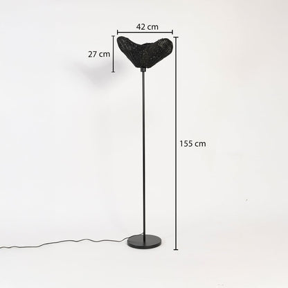 Black floor lamp with rattan woven shade measuring 155 cm height 42 cm width and 27 cm shade depth.