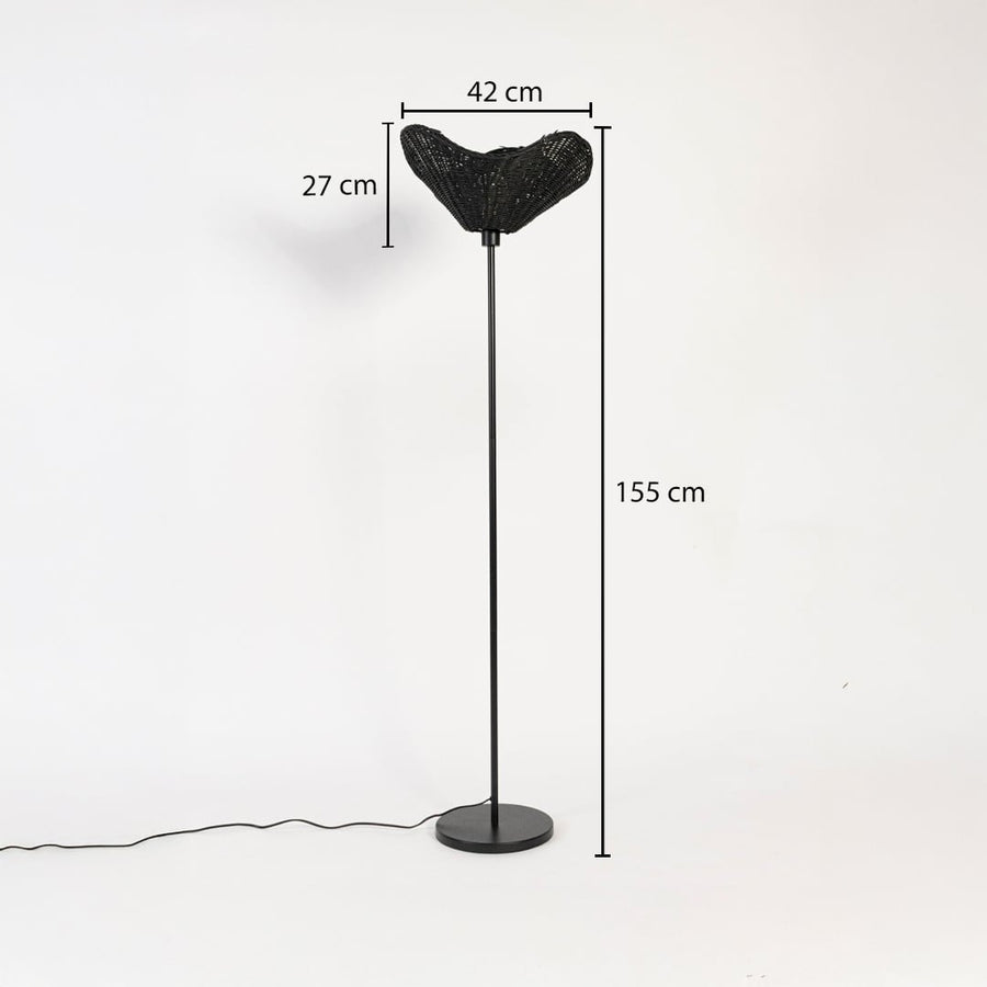 Black floor lamp with rattan woven shade measuring 155 cm height 42 cm width and 27 cm shade depth.