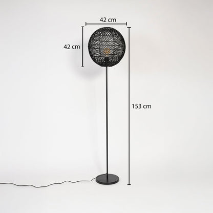 Black floor lamp with woven rattan globe shade measuring 153 cm height and 42 cm width and 42 cm depth.