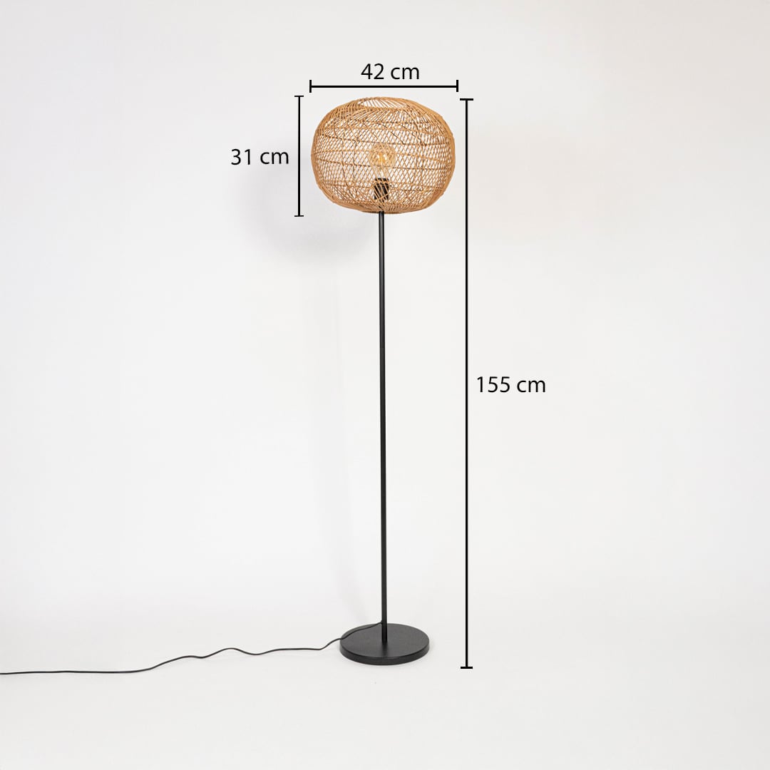 Black floor lamp with rattan woven shade measuring 155 cm height 42 cm width and 31 cm shade depth.