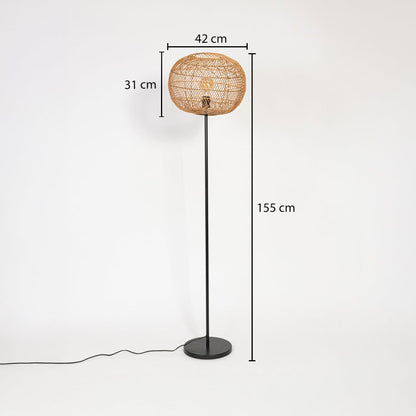 Black floor lamp with rattan woven shade measuring 155 cm height 42 cm width and 31 cm shade depth.