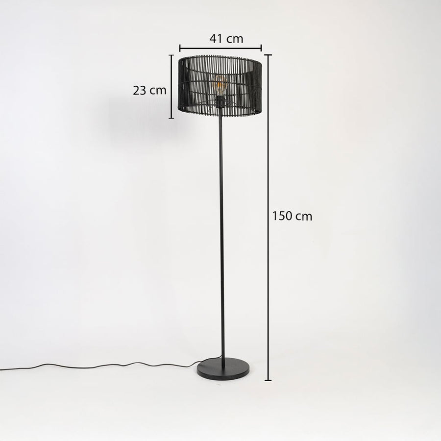 Black floor lamp with woven rattan shade measuring 150 cm height 41 cm width and 23 cm shade depth.