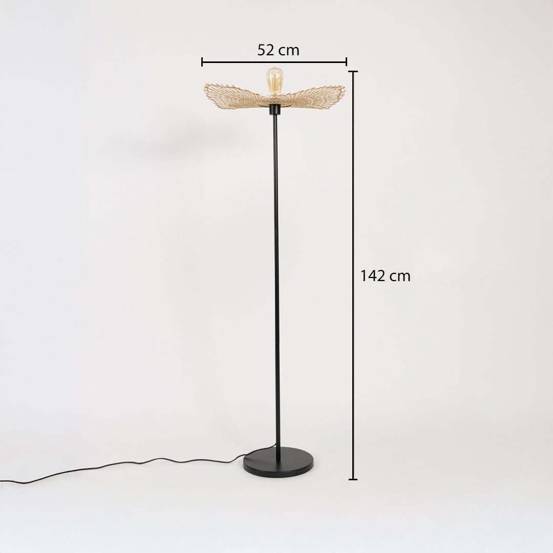 Black floor lamp with rattan leaf shade measuring 142 cm height and 52 cm width artisanal woven design.
