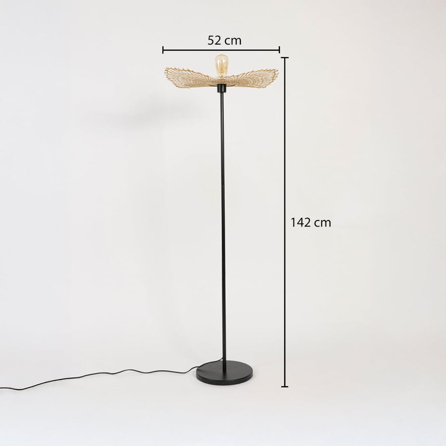 Black floor lamp with rattan leaf shade measuring 142 cm height and 52 cm width artisanal woven design.