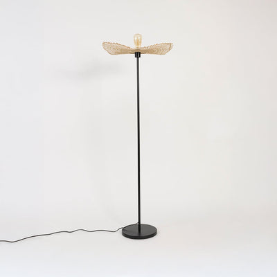 Clove Linear Black Floor Lamp with Spiderweb Bamboo Shade