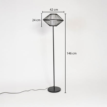 Black floor lamp with wire diamond shade measuring 146 cm height 42 cm width and 24 cm shade depth.