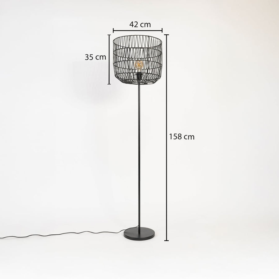 Black wire frame floor lamp 158 cm height with 42 cm shade diameter and 35 cm depth shown with dimensions.