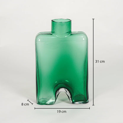 Green art glass vase dimension image showing 31 cm height 19 cm width and 8 cm depth decorative glass accent for table styling.