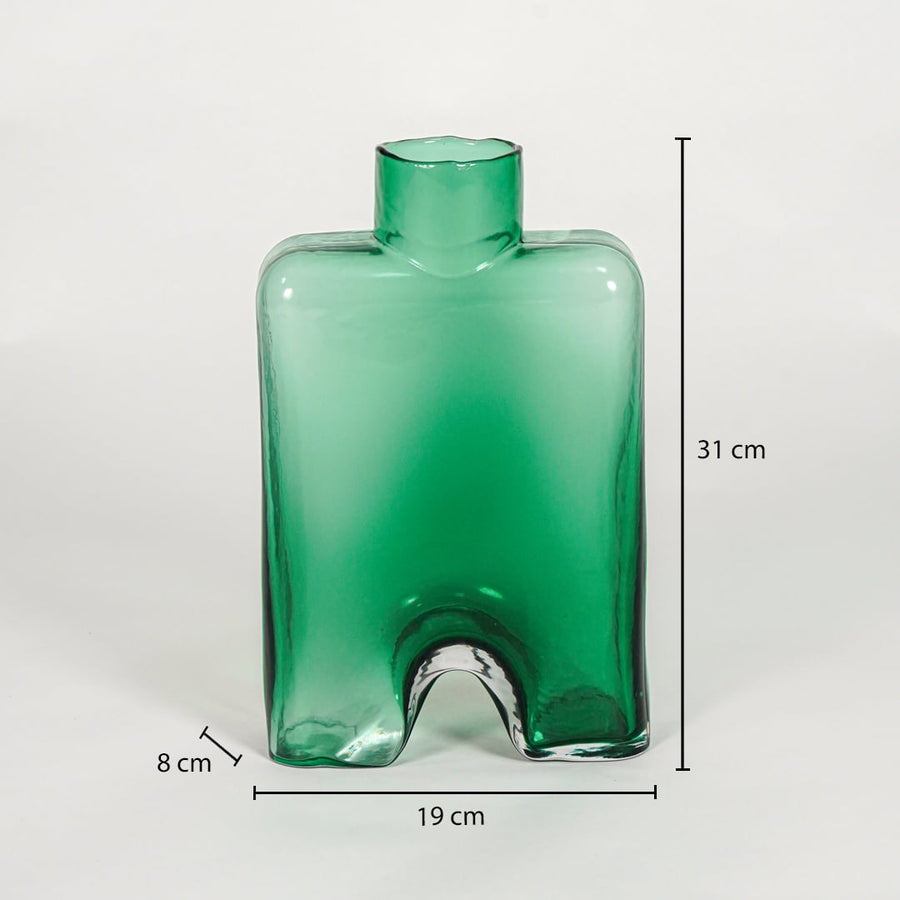 Green art glass vase dimension image showing 31 cm height 19 cm width and 8 cm depth decorative glass accent for table styling.