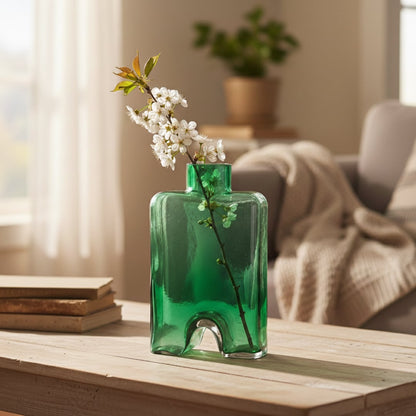 Green art glass vase styled on living room table modern decorative glass accent for console shelf or center table styling home.