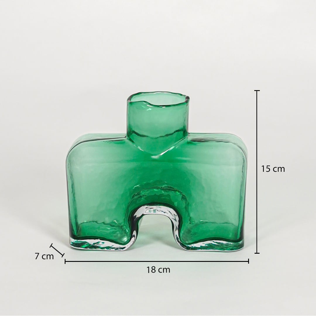 Green art glass vase dimension image showing 15 cm height 18 cm width and 7 cm depth decorative glass accent for table styling.