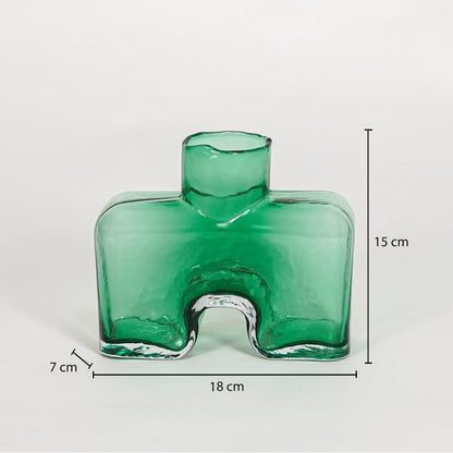 Green art glass vase dimension image showing 15 cm height 18 cm width and 7 cm depth decorative glass accent for table styling.