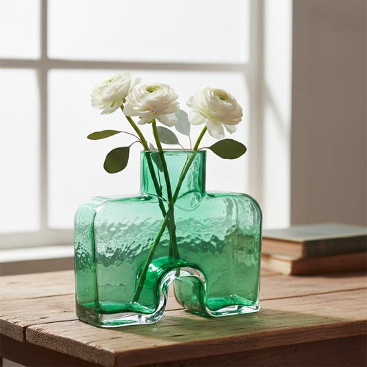 Green art glass vase styled on living room table modern decorative glass accent for console shelf or center table styling home.